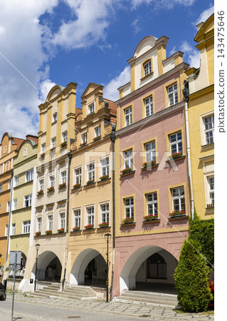 Colorful historic buildings with arcades in Jelenia Gora 143475646