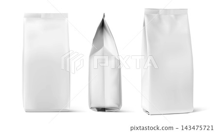 Hyper realistic vertical bag mockup. Front, side and half side view. Vector illustration isolated on white background. Can be use for template your design, presentation. EPS10. 143475721