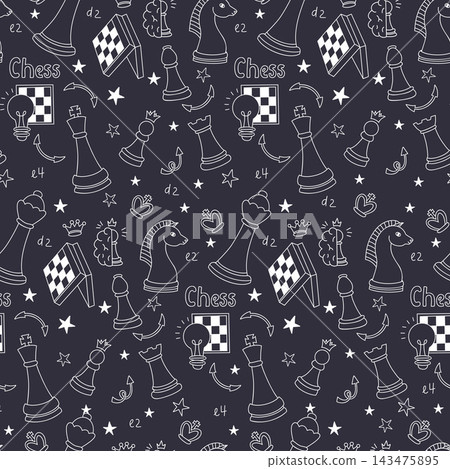 Chess Seamless Pattern Doodle. White Line Strategy Game Pieces Folded Board Brain Pawn Crown Light Bulb Arrow Symbol on Black Background. Vector Illustration. Texture Hand Drawn for Fabric Packaging. Chess Seamless Pattern Doodle. White Line Strategy Game Pieces Folded Board Brain Pawn Crown Light Bulb Arrow Symbol on Black Background. Vector Illustration. Texture Hand Drawn for Fabric Packaging. 143475895