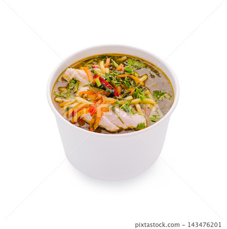 Chicken noodle soup in white bowl on background Chicken noodle soup in white bowl on background 143476201