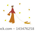 An illustration of a woman walking her dog and a ginkgo tree. 143476258