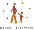 An illustration of a parent and child taking a walk amidst autumn leaves. 143476259