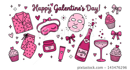 Happy Galentines Day Hand Drawn Line Art with Champagne, Cupcake, Bow, Face Mask, Sleep Mask and Pajama, Feminine Friendship Celebration Illustration for Greeting Card, Poster Happy Galentines Day Hand Drawn Line Art with Champagne, Cupcake, Bow, Face Mask, Sleep Mask and Pajama, Feminine Friendship Celebration Illustration for Greeting Card, Poster 143476296