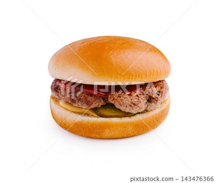 Cheeseburger with beef patty and ketchup on bun 143476366