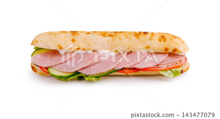 Ham baguette sandwich with fresh vegetables and mayonnaise Ham baguette sandwich with fresh vegetables and mayonnaise 143477079