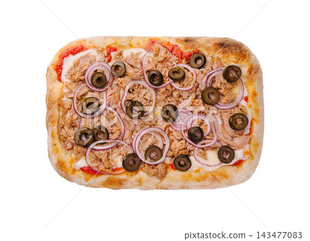 Pinsa romana with tuna, red onion, black olives Pinsa romana with tuna, red onion, black olives 143477083