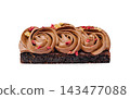 Chocolate brownie bar with ganache frosting and raspberries 143477088