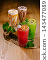 Refreshing summer drinks assortment on wooden table 143477089