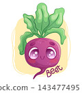 Cute hand-drawn vector beet character with handwritten text. Kawaii style, purple and green palette, outline. Perfect for social media, merch, web design, posters. Vector illustration 143477495