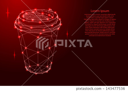 disposable coffee cup with lid from futuristic polygonal red lines and glowing stars for banner, poster, greeting card disposable coffee cup with lid from futuristic polygonal red lines and glowing stars for banner, poster, greeting card 143477536