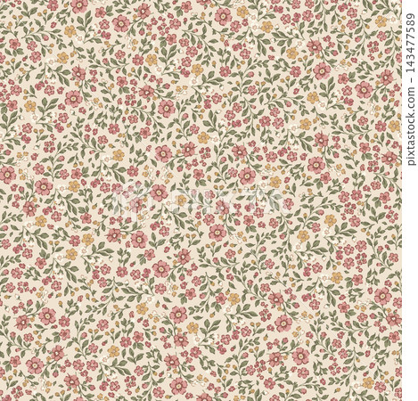 Vintage ditsy floral seamless pattern. Liberty style vector background with small country wildflowers, tiny roses and green leaves. Cottagecore retro botanical surface design 143477589