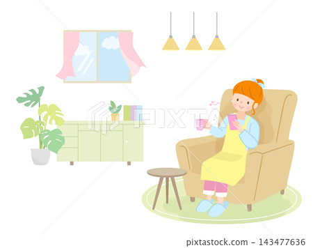A woman relaxing while looking at her smartphone. A woman relaxing while looking at her smartphone. 143477636