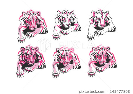 Mystical Tiger Set with Crescent Moon, Pink and Black Y2K Tattoo Style, Japanese Inspired Wild Cat Vector Illustration Collection Mystical Tiger Set with Crescent Moon, Pink and Black Y2K Tattoo Style, Japanese Inspired Wild Cat Vector Illustration Collection 143477808