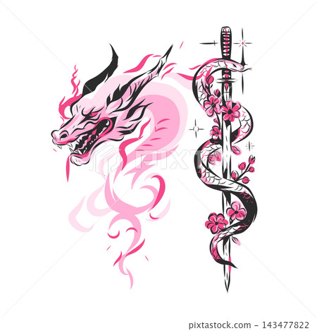 Japanese Dragon and Snake Katana Tattoo Set, Pink Asian Dragon with Floral Serpent Sword, Mystical Fantasy Tattoo Flash Vector Illustration Japanese Dragon and Snake Katana Tattoo Set, Pink Asian Dragon with Floral Serpent Sword, Mystical Fantasy Tattoo Flash Vector Illustration 143477822