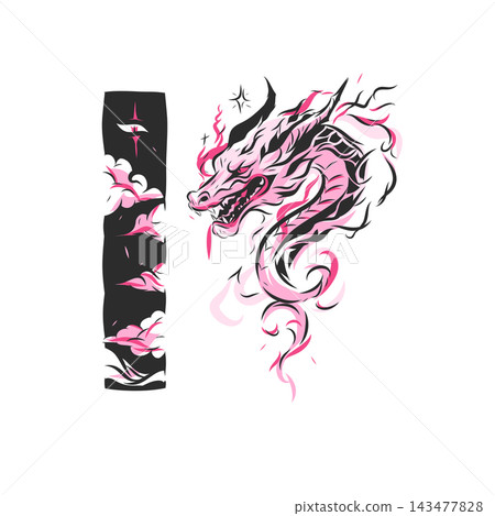 Pink Japanese Dragon and Katana Tattoo Set with Floral Cloud Blade, Asian Mythology Fantasy Line Art Vector Illustration Pink Japanese Dragon and Katana Tattoo Set with Floral Cloud Blade, Asian Mythology Fantasy Line Art Vector Illustration 143477828
