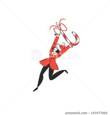 Vintage Christmas Elf Holding Giant Candy Cane with Red Bow, Happy Jumping Santa Helper, Retro Holiday Character, Hand Drawn Black and Red Vector Illustration Vintage Christmas Elf Holding Giant Candy Cane with Red Bow, Happy Jumping Santa Helper, Retro Holiday Character, Hand Drawn Black and Red Vector Illustration 143477869