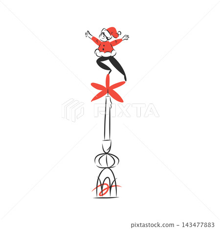 Whimsical Christmas Elf Balancing on Vintage Ornament, Festive Holiday Character, Minimal Hand Drawn Xmas Vector Illustration Whimsical Christmas Elf Balancing on Vintage Ornament, Festive Holiday Character, Minimal Hand Drawn Xmas Vector Illustration 143477883
