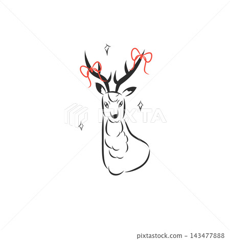 Christmas Reindeer with Red Bows on Antlers, Festive Deer Portrait, Minimal Hand Drawn Holiday Line Art Vector Illustration Christmas Reindeer with Red Bows on Antlers, Festive Deer Portrait, Minimal Hand Drawn Holiday Line Art Vector Illustration 143477888