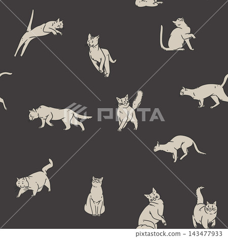 Hand drawn vector abstract graphic line art seamless pattern with adorable cute funny cat character.Vector illustration of funny cartoon outline cat in trendy line style. Drawing line art cat pattern. 143477933