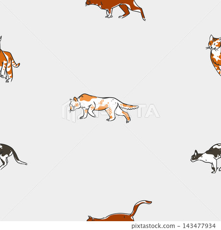 Hand drawn vector abstract graphic line art seamless pattern with adorable cute funny cat character.Vector illustration of funny cartoon outline cat in trendy line style. Drawing line art cat pattern. Hand drawn vector abstract graphic line art seamless pattern with adorable cute funny cat character.Vector illustration of funny cartoon outline cat in trendy line style. Drawing line art cat pattern. 143477934