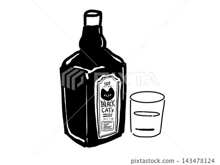 Hand-drawn line art illustration of a whiskey bottle and glass. Hand-drawn line art illustration of a whiskey bottle and glass. 143478124