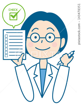 A woman in a white coat and glasses holding a checklist. A woman in a white coat and glasses holding a checklist. 143478351