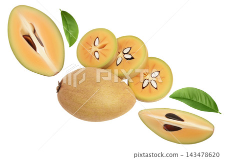 Sapodilla isolated on white background with full depth of field. Top view. Flat lay Sapodilla isolated on white background with full depth of field. Top view. Flat lay 143478620