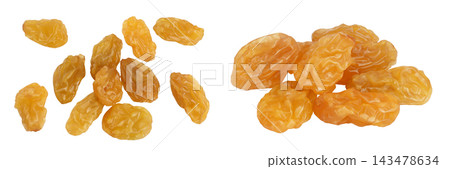 Yellow raisin isolated on white background . Top view. Flat lay Yellow raisin isolated on white background . Top view. Flat lay 143478634