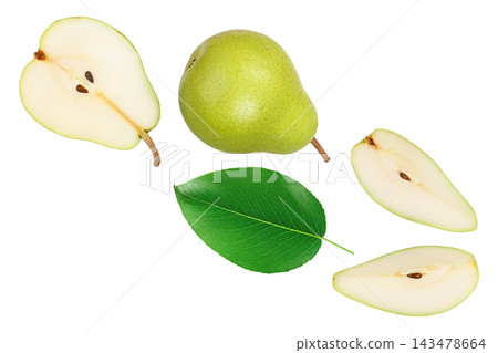 Green pear fruit with half and slices isolated on white background . Top view. Flat lay Green pear fruit with half and slices isolated on white background . Top view. Flat lay 143478664
