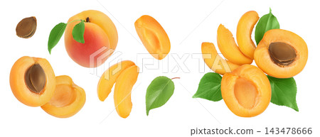 apricot fruit with half and slices isolated on white background. Top view. Flat lay 143478666