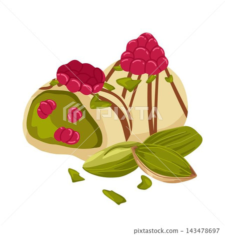 White chocolate raspberry candy composition. Hamemade dessert with green pistachio and pink raspberry flavor. Vector illustration of treats for food packaging, menus, posters, blogs, recipe books White chocolate raspberry candy composition. Hamemade dessert with green pistachio and pink raspberry flavor. Vector illustration of treats for food packaging, menus, posters, blogs, recipe books 143478697