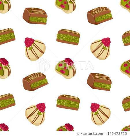 Handmade chocolate truffles with raspberries and pistachio nuts topping. Vector cartoon seamless pattern of sweet bonbon candy for packaging, dessert visuals, textile, wrapping, confectionery design Handmade chocolate truffles with raspberries and pistachio nuts topping. Vector cartoon seamless pattern of sweet bonbon candy for packaging, dessert visuals, textile, wrapping, confectionery design 143478723