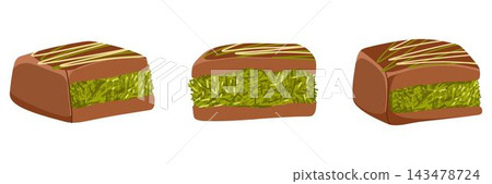 Vector illustration set of Dubai chocolate candy with pistachio paste and kataifi dough. Hand drawn sweets with milk chocolate and pistachio kernel for packaging, menu, catalog spreads, product cards Vector illustration set of Dubai chocolate candy with pistachio paste and kataifi dough. Hand drawn sweets with milk chocolate and pistachio kernel for packaging, menu, catalog spreads, product cards 143478724