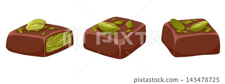 Dubai chocolate candy with pistachio paste set. Hand drawn vector sweets with dark chocolate and pistachio nut kernel for confectionery packaging, menu, catalog spreads, product cards Dubai chocolate candy with pistachio paste set. Hand drawn vector sweets with dark chocolate and pistachio nut kernel for confectionery packaging, menu, catalog spreads, product cards 143478725