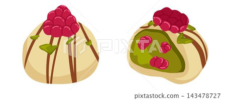 White chocolate raspberry candy set. Hamemade dessert with green pistachio and pink raspberry flavor. Vector illustration of treats for food packaging, menus, posters, blogs, recipe books White chocolate raspberry candy set. Hamemade dessert with green pistachio and pink raspberry flavor. Vector illustration of treats for food packaging, menus, posters, blogs, recipe books 143478727