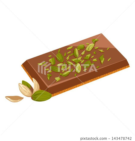 Dubai chocolate candy bar with pistachio paste and kataifi dough. Hand drawn vector sweets with milk chocolate and pistachio nut kernel for confectionery packaging, menu, catalog spreads, product card Dubai chocolate candy bar with pistachio paste and kataifi dough. Hand drawn vector sweets with milk chocolate and pistachio nut kernel for confectionery packaging, menu, catalog spreads, product card 143478742