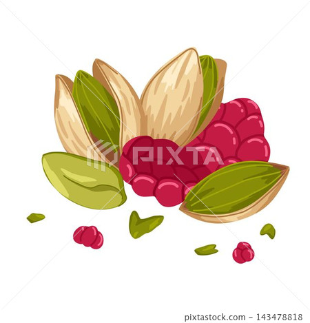 Mix of pistachio and raspberry chunks. Vector hand drawn composition with opened, crushed nuts kernel for healthy food visuals, product design, dessert branding, menu, stickers, packaging Mix of pistachio and raspberry chunks. Vector hand drawn composition with opened, crushed nuts kernel for healthy food visuals, product design, dessert branding, menu, stickers, packaging 143478818