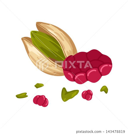 Pistachio and raspberry vector cartoon hand drawn composition with opened, crushed nuts kernel and berry for healthy food visuals, product design, dessert branding, menu, stickers, packaging Pistachio and raspberry vector cartoon hand drawn composition with opened, crushed nuts kernel and berry for healthy food visuals, product design, dessert branding, menu, stickers, packaging 143478819
