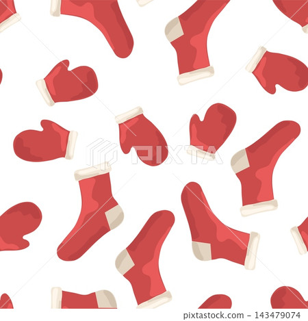 Cozy Christmas knitted mittens and stocking seamless pattern on white background. Minimalist winter holiday red socks and gloves vector texture Cozy Christmas knitted mittens and stocking seamless pattern on white background. Minimalist winter holiday red socks and gloves vector texture 143479074