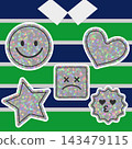 Illustration set featuring a rugby shirt striped background and Y2K hologram stickers. 143479115