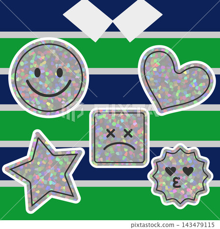Illustration set featuring a rugby shirt striped background and Y2K hologram stickers. 143479115