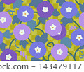 A seamless, modern Japanese pattern featuring a gold leaf-like checkered background and morning glories. 143479117