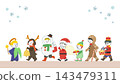 Smiling children in Christmas costumes marching - Colorful vector illustration 143479311