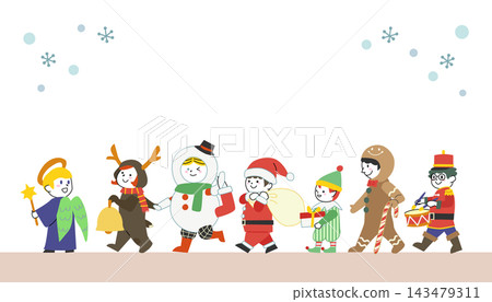 Smiling children in Christmas costumes marching - Colorful vector illustration Smiling children in Christmas costumes marching - Colorful vector illustration 143479311