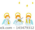 An illustration of an angelic orchestra (violin, trumpet, cymbals) 143479312
