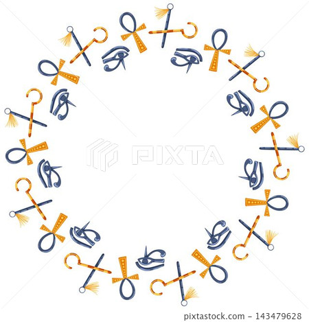 Ankh, Eye of Horus and crossed scepters arranged in a round frame. Vector hand drawn cartoon illustration for historical Egyptian design, mystical packaging, isolated on white with copy space Ankh, Eye of Horus and crossed scepters arranged in a round frame. Vector hand drawn cartoon illustration for historical Egyptian design, mystical packaging, isolated on white with copy space 143479628