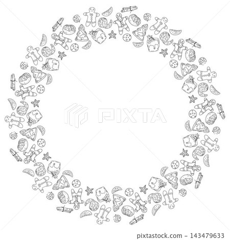 Christmas doodle frame with gingerbread cookies, citrus slices and festive treats. Vector hand drawn illustration for holiday packaging, seasonal labels, winter menu and decor Christmas doodle frame with gingerbread cookies, citrus slices and festive treats. Vector hand drawn illustration for holiday packaging, seasonal labels, winter menu and decor 143479633