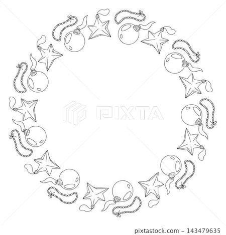 Doodle Christmas frame with baubles, garland, star. Vector hand drawn illustration for holiday packaging, festive labels, winter decor and seasonal design isolated on white with copy space Doodle Christmas frame with baubles, garland, star. Vector hand drawn illustration for holiday packaging, festive labels, winter decor and seasonal design isolated on white with copy space 143479635