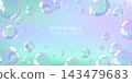 Dreamy transparent soap bubbles on a turquoise and pink holographic background. Soft glow, rainbow glare and glossy texture. Vector banner design for spa, cosmetic and beauty product visuals 143479683