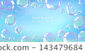 Turquoise holographic background with glossy soap bubbles. Rainbow glare, soft glow and dreamy gradient effect. Vector banner design for cosmetics, spa, hygiene and bath product themes 143479684